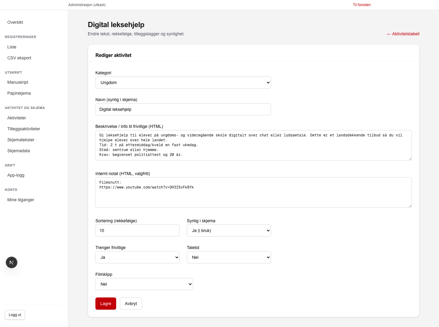 Detaljvisning for én aktivitet med skjema for redigering