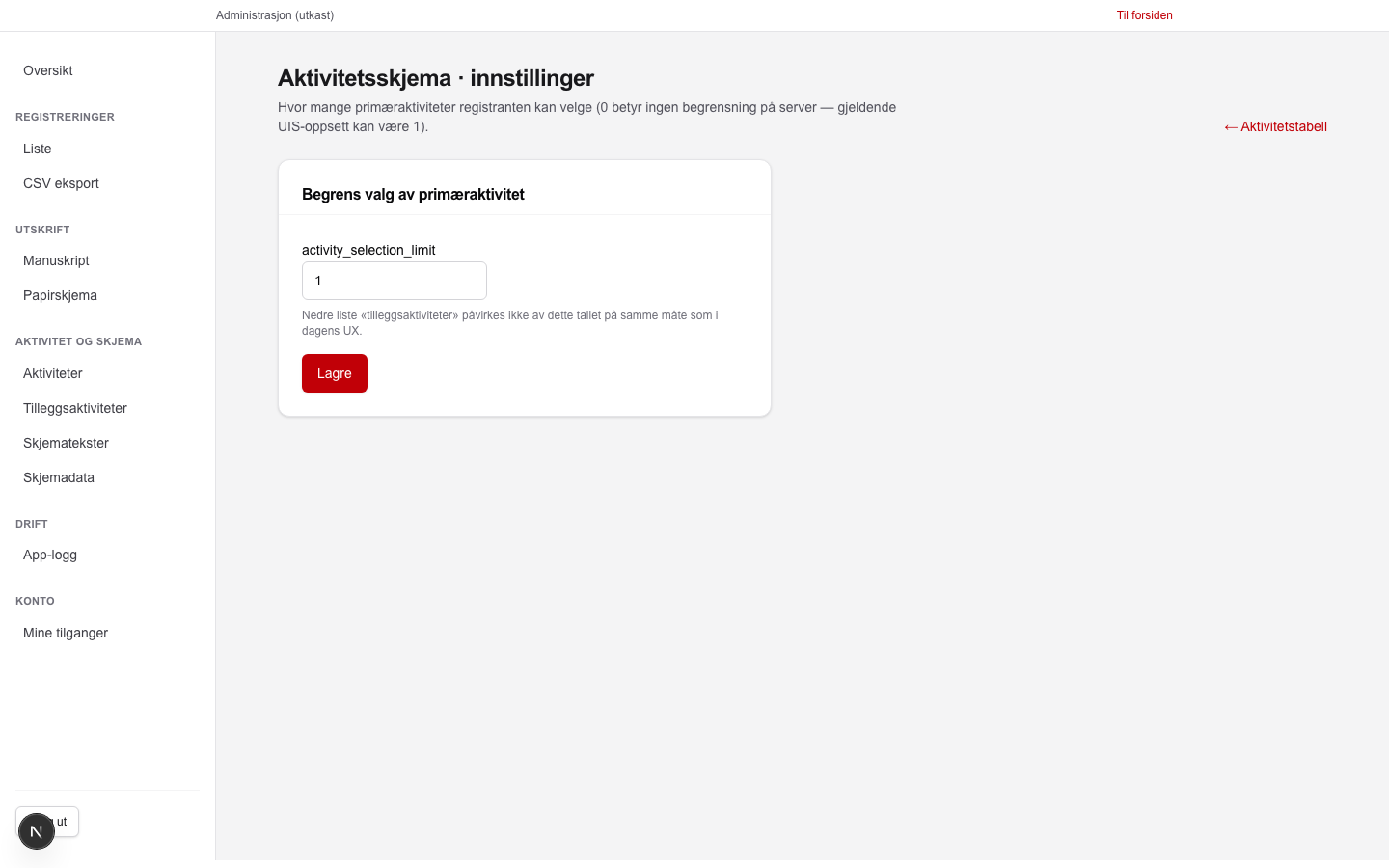Innstillingsskjema for valg-grenser på aktivitetstrinnet