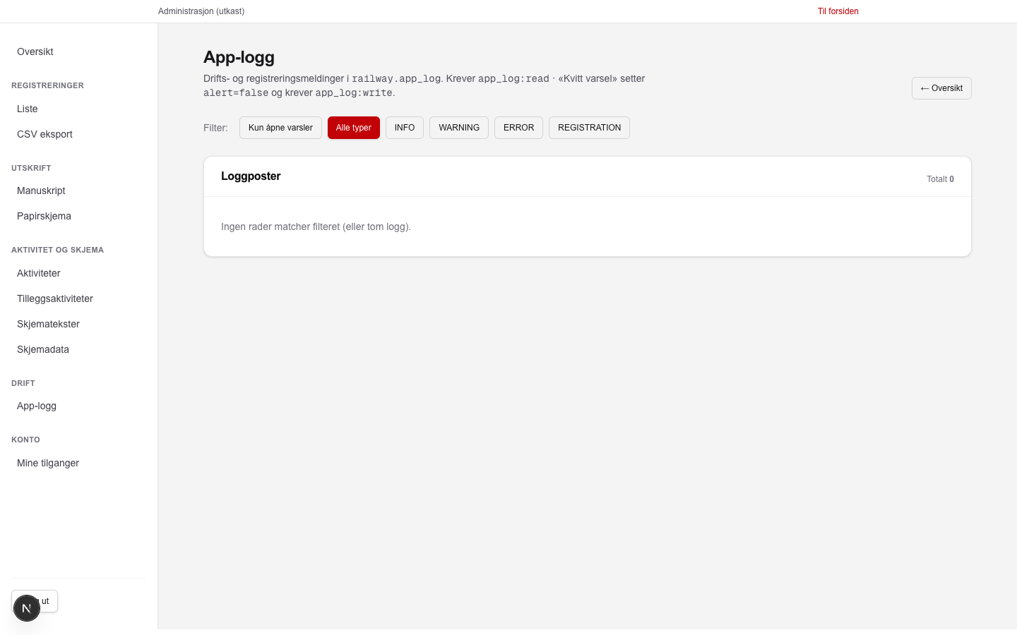 App-loggen med filter og tabell