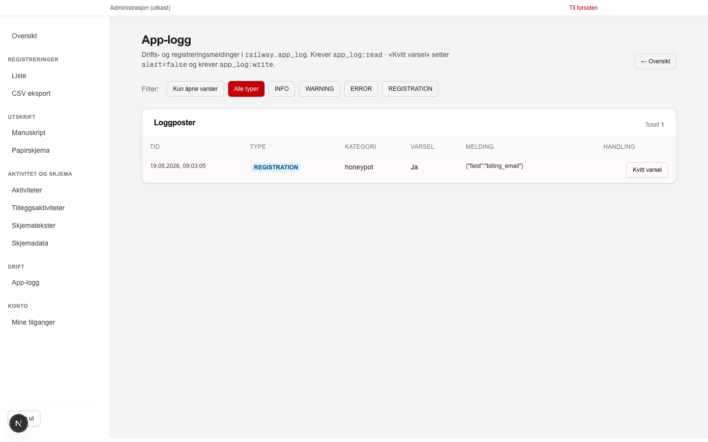App-loggen med filter og tabell