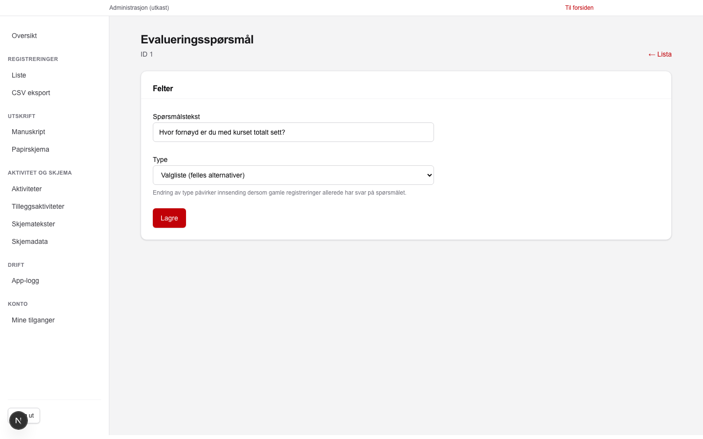 Detaljvisning for ett evalueringsspørsmål