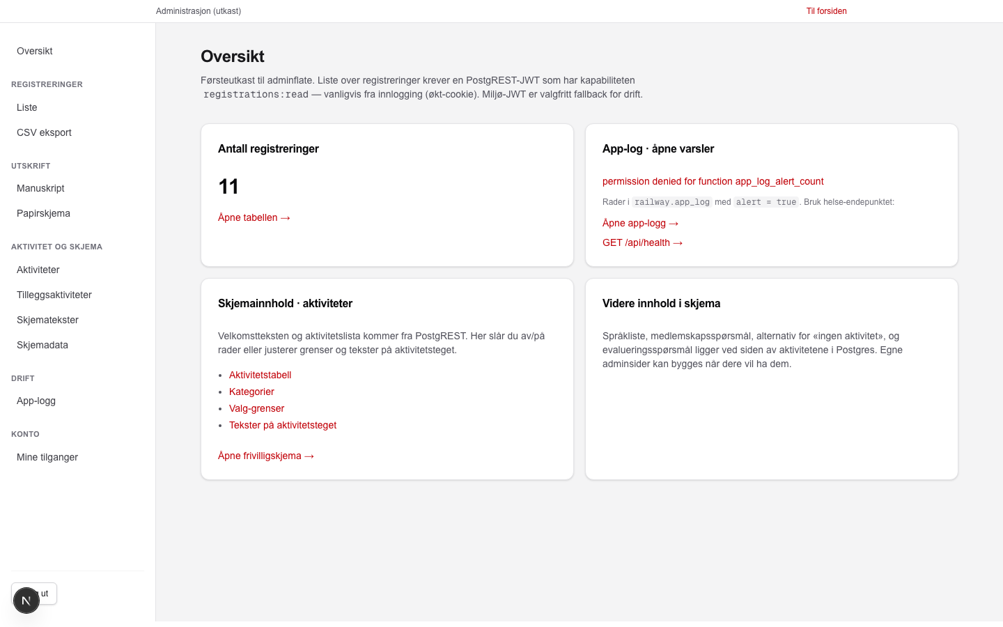 Oversiktssiden med fire kort: registreringer, app-logg, skjemainnhold, og videre innhold