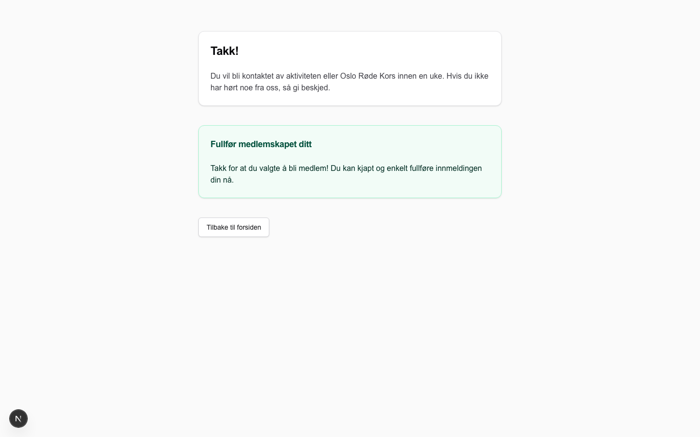 Takkeside for medlems-påmelding