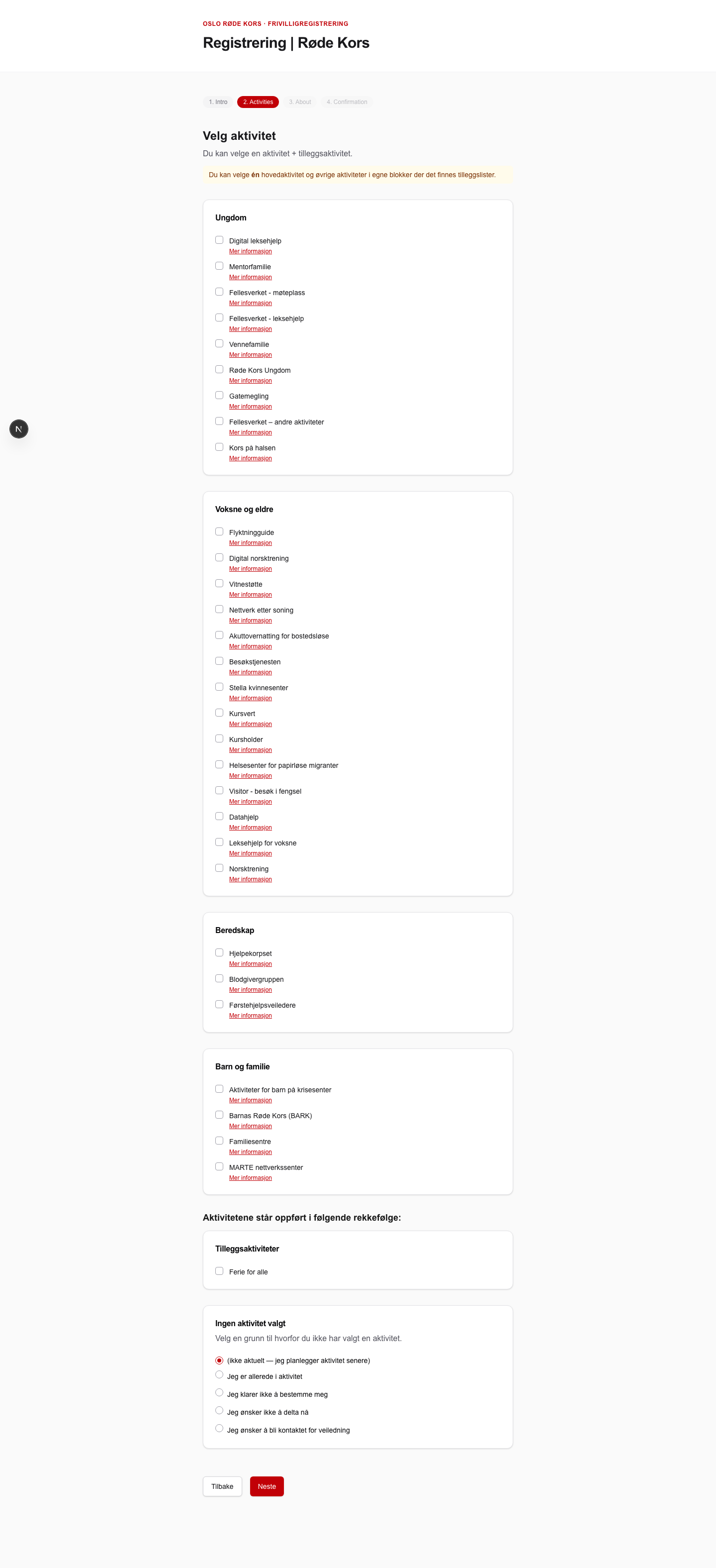 Aktivitetsvalg gruppert etter hovedkategori