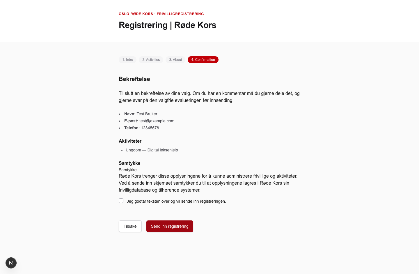 Bekreftelsessiden med all informasjon du har skrevet inn